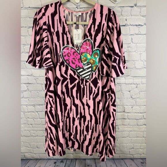 Rhode Tabitha Pink Purple Pixilated Zebra Print Hearts Applique Mini Dress S - Picture 1 of 15